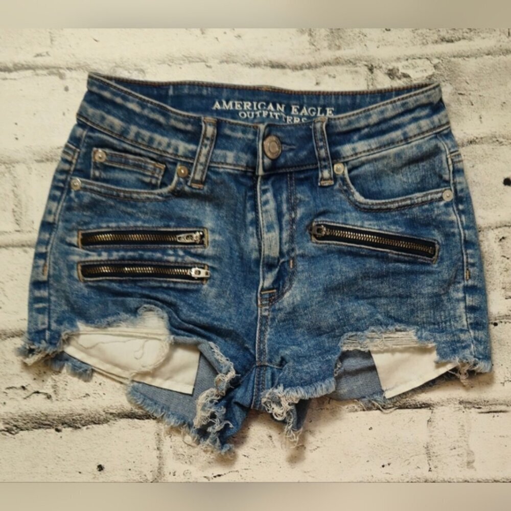American Eagle Distressed Denim Shorts Zip Detail Cut Off Hi Rise Size 0